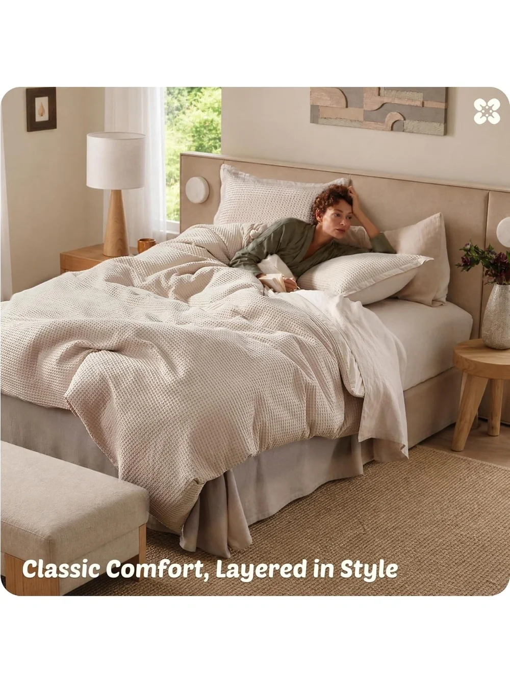 NEW Bedsure PureWoven 3 Pieces 100% Cotton Waffle Duvet Cover Set, King, Beige